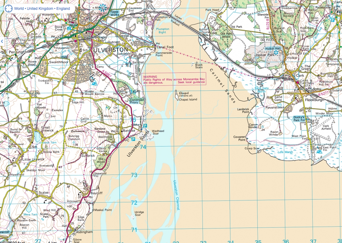 Ordinance Survey Map shows just how little water there is at low tide. 